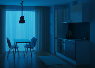 Kitchen interior in a modern style. Night. Evening lighting. 3D rendering.