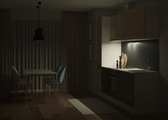 Fototapeta na wymiar Kitchen interior in a modern style. Night. Evening lighting. 3D rendering.