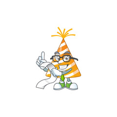 cartoon mascot design of yellow party hat holding a menu list