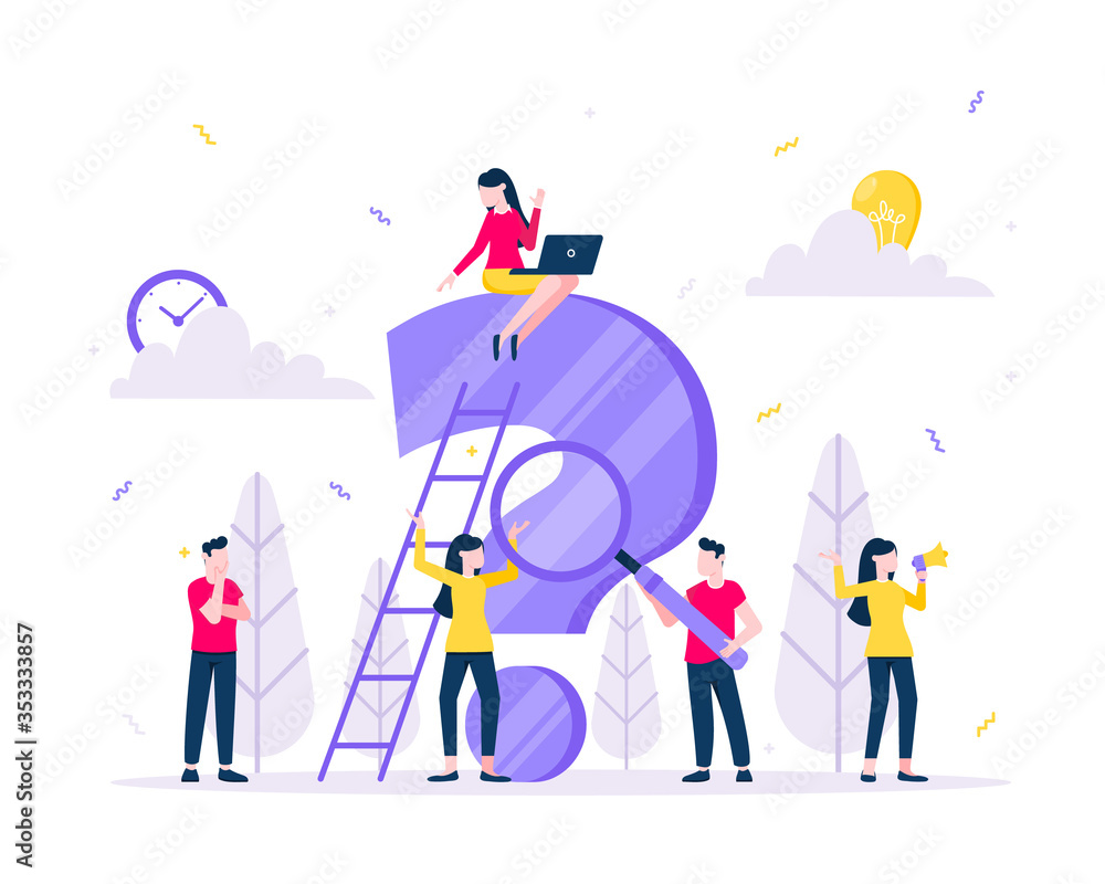 Poster q and a or faq concept with tiny people character, big question mark, frequently asked questions tem