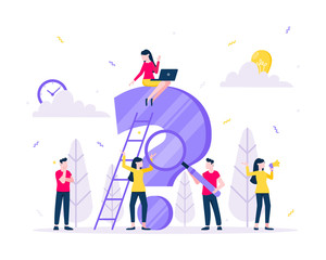 Q and A or FAQ concept with tiny people character, big question mark, frequently asked questions template. Answers business support concept flat style design vector illustration.