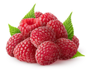 Isolated berries. Pile of raspberry fruits with leaves isolated on white background, with clipping path