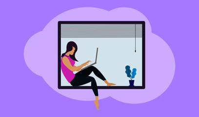Woman sitting on window frame and typing on computer notebook by herself at home 