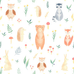 Watercolor woodland seamless pattern in childish style. Hand painted baby animals, bear, fox, bunny for kids, nursery, children textile, covers, fashion design. Summer season. Lovely forest animals.