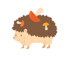 Funny hedgehog carrying colorful mushrooms vector flat illustration. Hand drawn forest animal walking with seasonal food isolated on white background. Adorable wild character with harvest on back