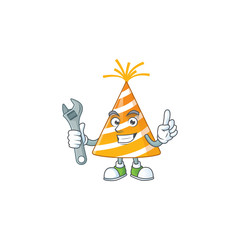 A smart mechanic yellow party hat cartoon mascot design fix a broken machine