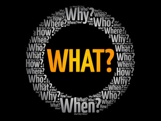 WHAT? - Questions whose answers are considered basic in information gathering or problem solving, word cloud background