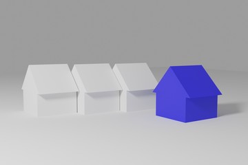 White Roofed houses near blue roofed house for real estate property industry. 3D rendering. 3D illustration