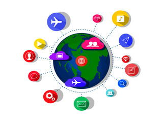vector World and social media icons Concept of the world of online information