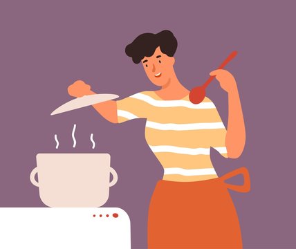 Happy housewife open lid of pan during cooking food vector flat illustration. Smiling young woman in apron holding spoon preparing meal on stove isolated. Joyful domestic female at kitchen