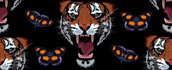 Tiger roar with butterfly seamless pattern