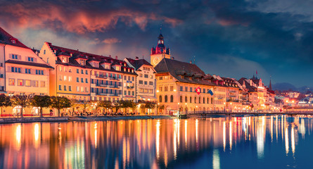 Panoramic evening view of popular tourist attraction - Kornschutte. Spectacular autumn cityscape of Lucerne. Stunning outdoor view of Switzerland, Europe. Traveling concept background.