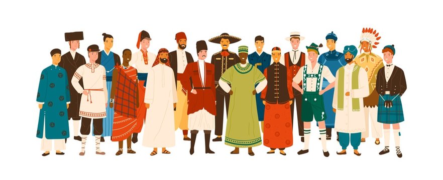 Group of diverse smiling man wearing in folk costumes of various countries vector flat illustration. Happy multinational male people standing in ethnic clothing isolated on white background