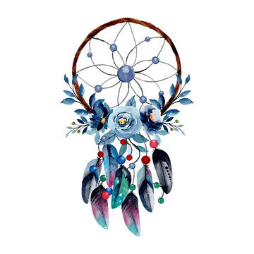Watercolor dream catcher with blue flower and feather