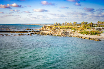 Caesarea, Israel, may 2020 : ruins of Caesarea fortress built by Herod the Great near Caesarea city, on the shores of the Mediterranean Sea, in Israel © Marcio