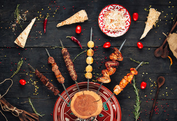 Top view on shashlyk skewers kebabs 