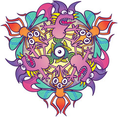 Complaining purple bats, three-eyed yellow mosquitoes and weird green fishes rotating while performing in a pattern design. They form a colorful doodle art motif, a hexagon, full of color and fun