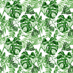 Tropische groene bladeren, vlinders vliegen, jungle monster blad naadloze aquarel bloemmotief achtergrond. Botanisch natuurlijk behang. Geschikt voor stofontwerp, gordijnen.