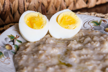 morning breakfast kitchen fresh natural food oatmeal and boiled egg