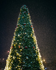 Christmas tree at night with snow falling all around