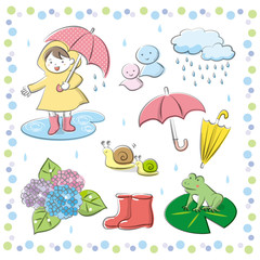 手書き風かわいい梅雨イラストセット/白背景