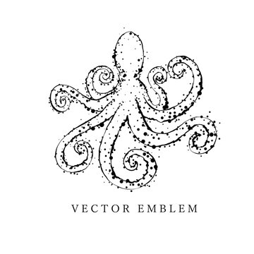 Hand drawn black contour octopus. Outline, cartoon, tattoo design with dots, spray texture.
