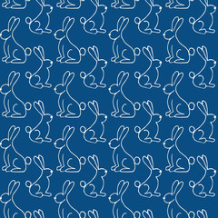 Seamless Pattern with White Contours of Rabbits on Blue Background