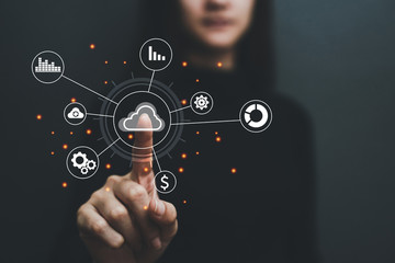 Concept of business women, hands on technology, digital data storage Cloud technology and data exchange around the world.