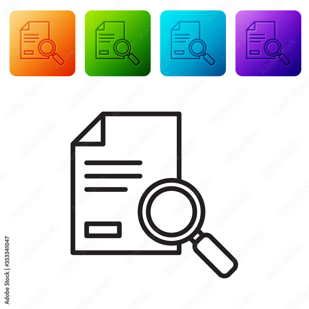Poster black line document with search icon isolated on white background. file and magnifying glass icon. a