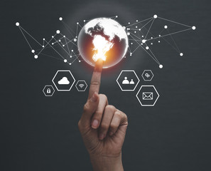 Communication technology and internet worldwide for business concept.Woman hand holding Business World.