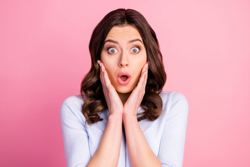 Closeup photo of shocked attractive lady wavy hairdo listen bad news open mouth terrified eyes arms...