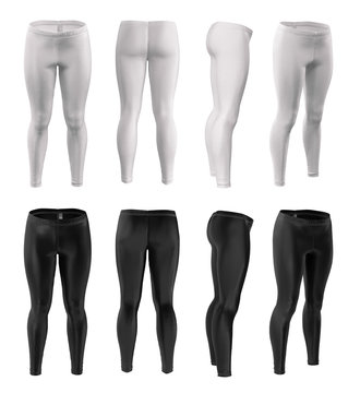Leggings for women of white and black. Front, back, side view. Sportswear set. Mock up. Blank clean template. 3d realistic detailed mockup for your design and branding isolated on white background.