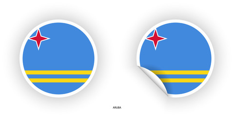 Aruba circle flag icon on white background. Aruba sticker flag with peeled off corner on white background.