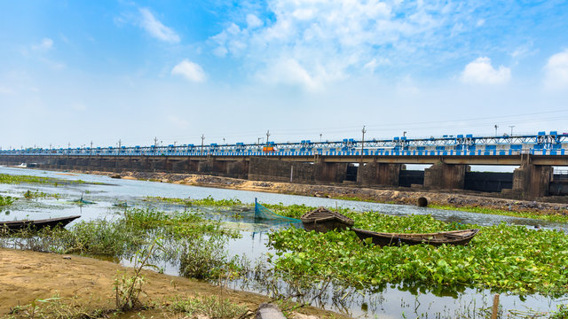 View of Durgapur Barrage with wooden boats.