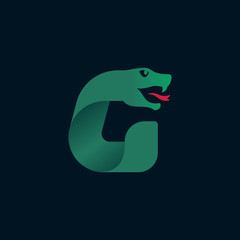 G letter logo with snake head silhouette.