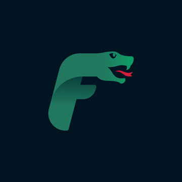 F letter logo with snake head silhouette.