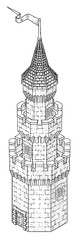 An old fashioned fantasy wizards or knights tower castle. Isometric vintage woodcut style building map icon or illustration.