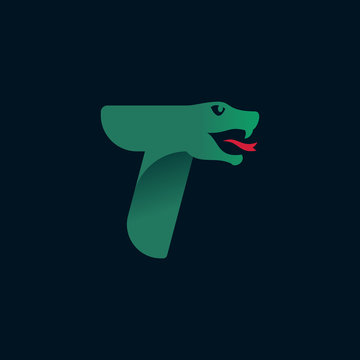 T letter logo with snake head silhouette.