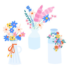 Flower vase set vector illustration. Isolated Vases with spring and summer flowers. Use clipart icons for card decor, summer party invitations, wedding, birthday, boho style