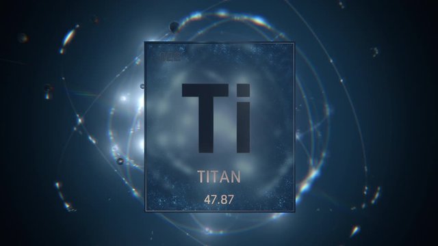 Titanium as Element 22 of the Periodic Table. Seamlessly looping 3D animation on blue illuminated atom design background orbiting electrons name, atomic weight element number in German language