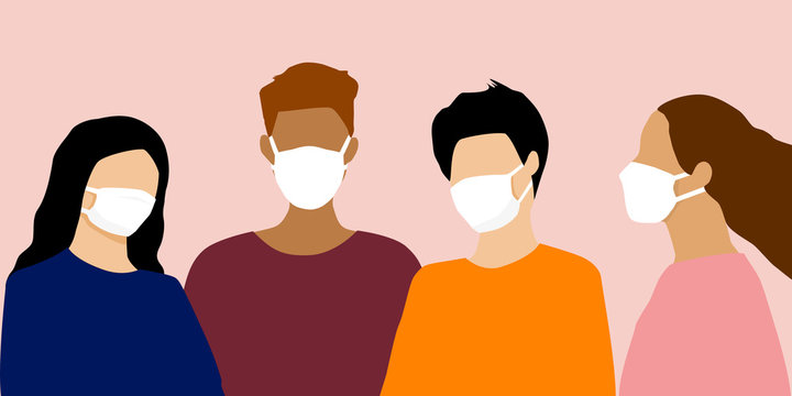 Flat style vector illustration of people wearing medical masks prevent corvid 19 ,air pollution and the risk of viral diseases. Healthcare and stay safe concept. 
