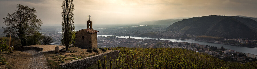 a view from the chapelle on the top of hermitage hill in northern rhone valley