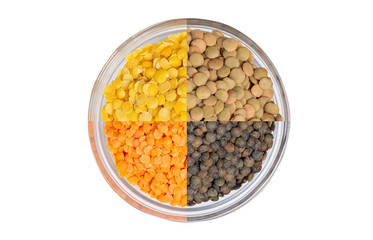 Bob on an isolated white background. Set of various lentils in glass bowls.