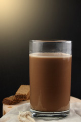 Serve a glass of warm chocolate milk on a tray.