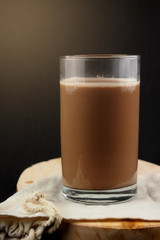 Serve a glass of warm chocolate milk on a tray.