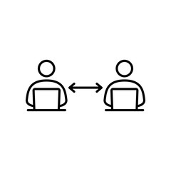 Símbolo distancia seguridad en lugar de trabajo. Icono plano lineal hombres trabajando separados por flechas en color negro