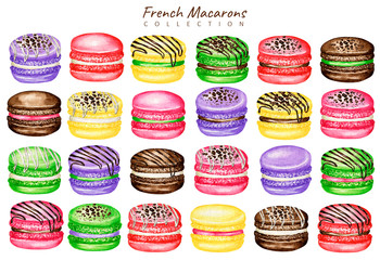 Obraz premium Hand drawn watercolor french macaron cakes set. Macaroon biscuits Mix Fruit Red Pink Green fruit Pastry dessert Isolated on white background, sweet decorated with Chocolate, vanilla creame
