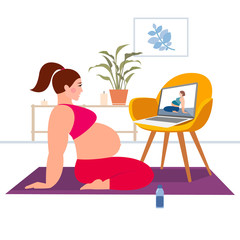 Stay home concept. Live stream, internet education. Pregnant girl cartoon character practicing Yoga. Woman doing workout indoor. Girl watching online classes on laptop, practicing yoga, meditation.