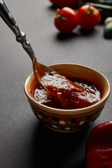 close up of spoon in bowl with tomato sauce on black