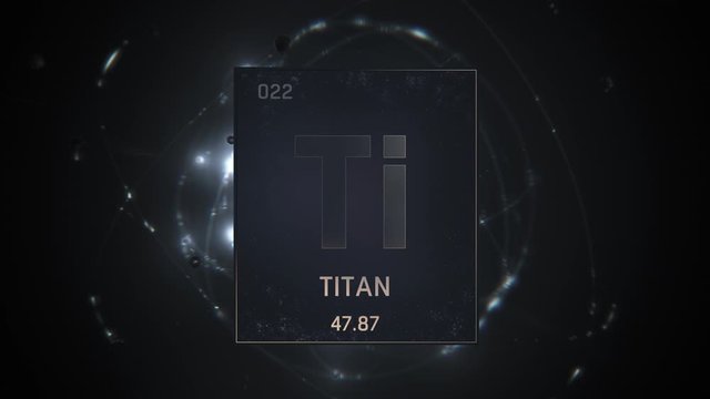 Titanium as Element 22 of the Periodic Table. Seamlessly looping 3D animation on silver illuminated atom design background orbiting electrons name, atomic weight element number in German language